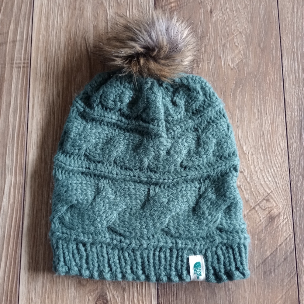 The North Face Forest Green Knit Beanie with Faux Fur Pom-Pom